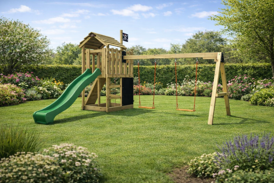 Obrázek k výrobku 78607 - Dětské hřiště Monkey´s Home Malý pirát RED se zelenou skluzavkou