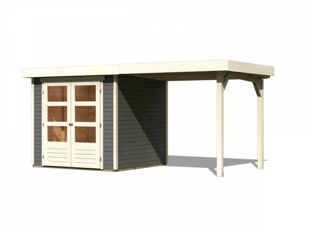 Obrázek k výrobku 53474 - dřevěný domek KARIBU ASKOLA 2 + přístavek 240 cm (82904) tm. šedý