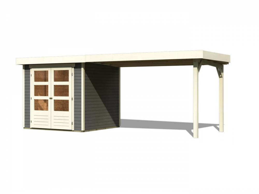 Obrázek k výrobku 53500 - dřevěný domek KARIBU ASKOLA 2 + přístavek 280 cm (82907) tm. šedý