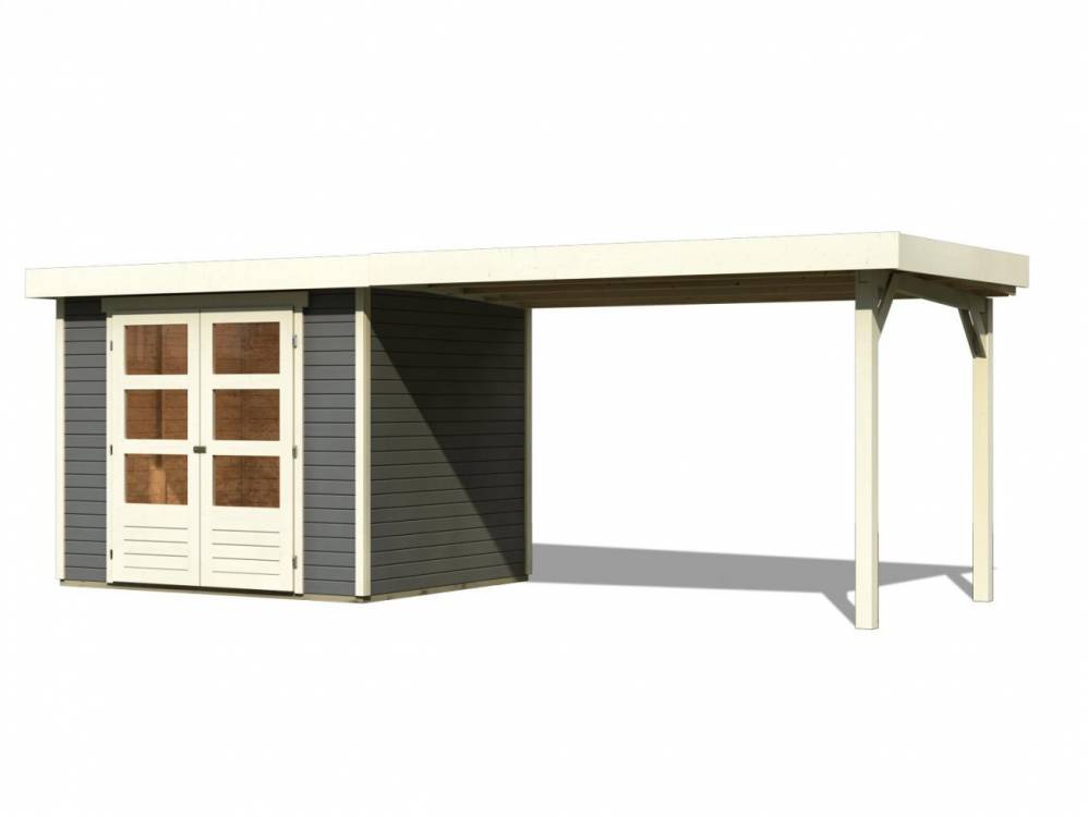 Obrázek k výrobku 21972 - dřevěný domek KARIBU ASKOLA 3 + přístavek 280 cm (82924) tm. šedý