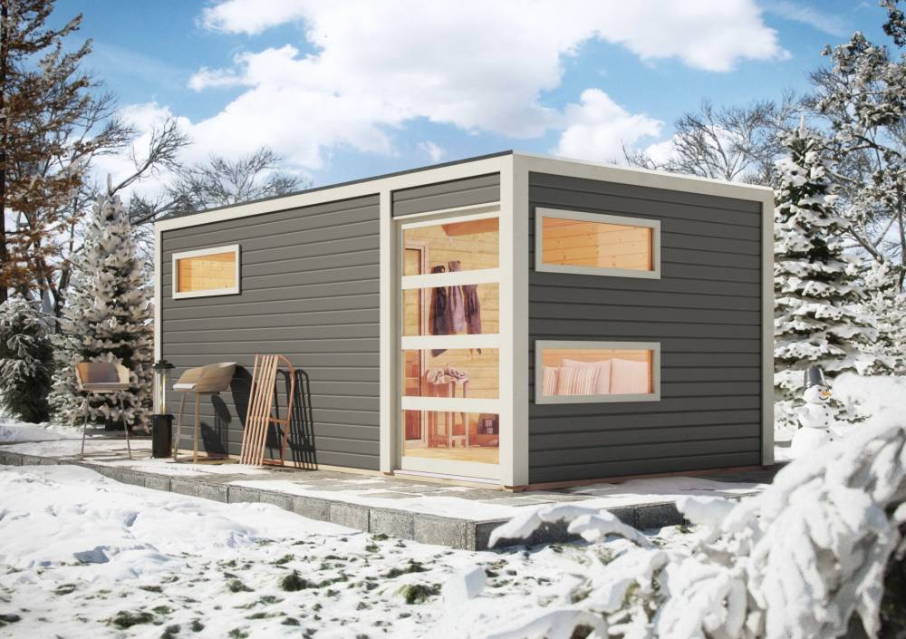 Obrázek k výrobku 54484 - finská sauna KARIBU HYGGE (86313) tm. šedá s předsíní