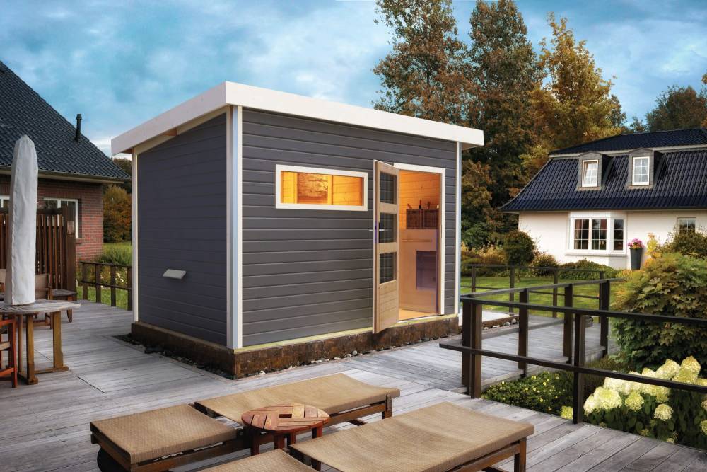 Obrázek k výrobku 54150 - Finská sauna KARIBU SKROLLAN 2 (86292) tm. šedá s předsíní