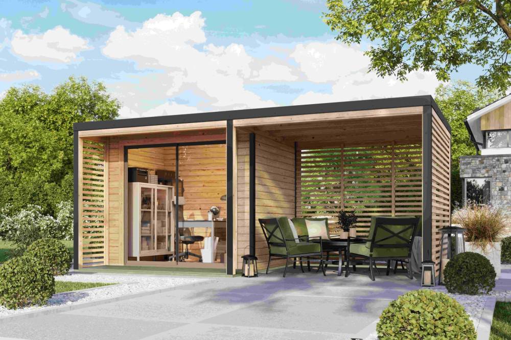 Obrázek k výrobku 94971 - hybridní domek KARIBU SATURN (50563) natur / antracit + 253 cm přístavek včetně zadní a boční stěny LG4826