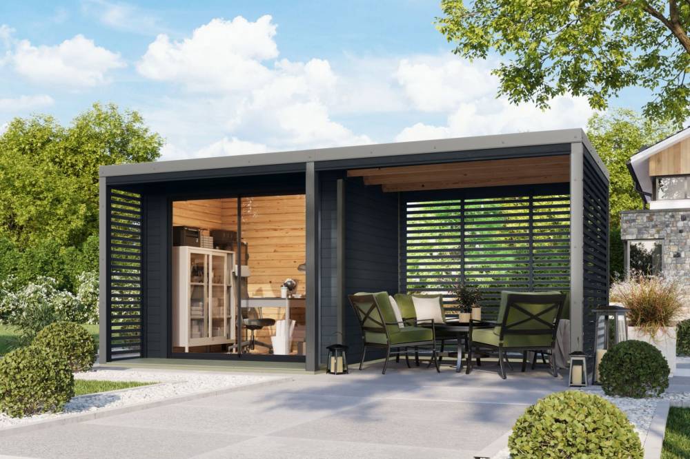 Obrázek k výrobku 94964 - hybridní domek KARIBU SATURN (50568) antracit / šedý + 253 cm přístavek včetně zadní a boční stěny LG4828