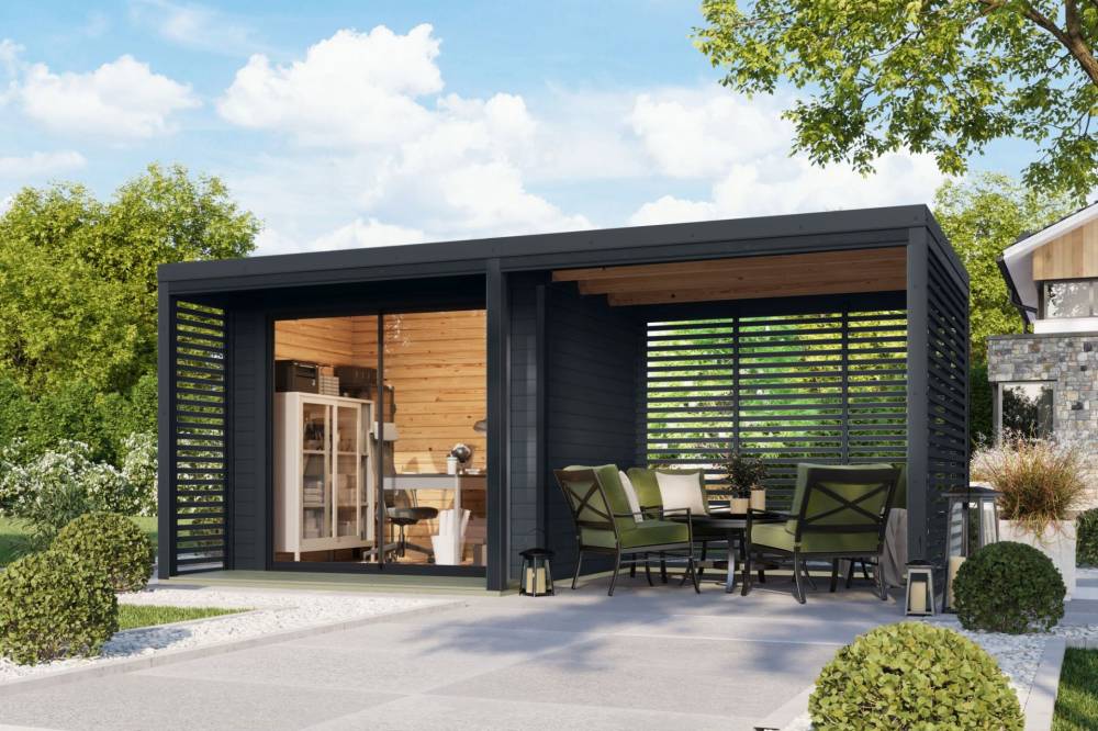 Obrázek k výrobku 94972 - hybridní domek KARIBU SATURN (66203) antracit + 253 cm přístavek včetně zadní a boční stěny LG4827