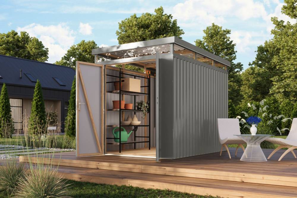 Obrázek k výrobku 94966 - plechový domek KARIBU AURUM 2,5 (53667) šedý LG4832