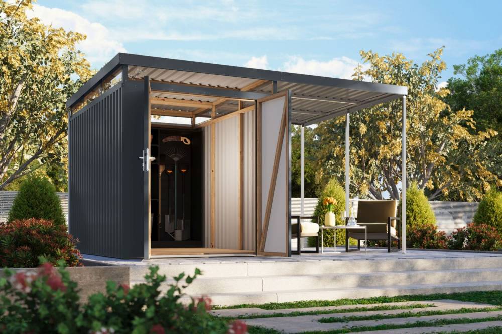 Obrázek k výrobku 94983 - plechový domek KARIBU AURUM 2,5 + přístavek 200 cm (53681) antracit LG4840