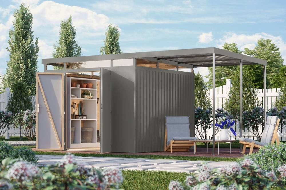 Obrázek k výrobku 94987 - plechový domek KARIBU AURUM 3,5 + přístavek 200 cm (53693) šedý LG4845