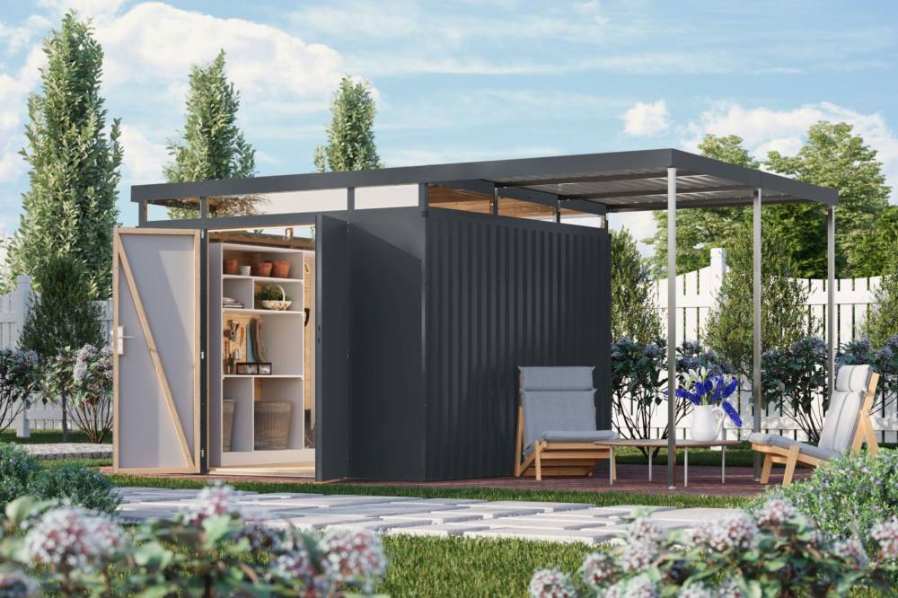 Obrázek k výrobku 94986 - plechový domek KARIBU AURUM 3,5 + přístavek 200 cm (53694) antracit LG4844