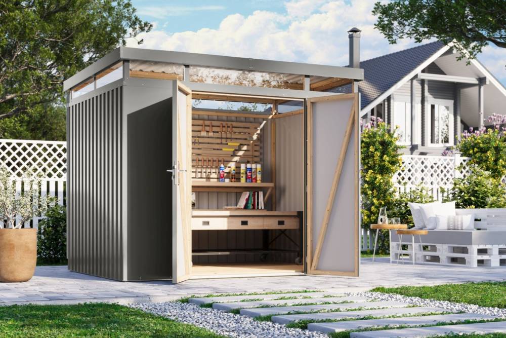 Obrázek k výrobku 94976 - plechový domek KARIBU AURUM 3 (53668) šedý LG4833