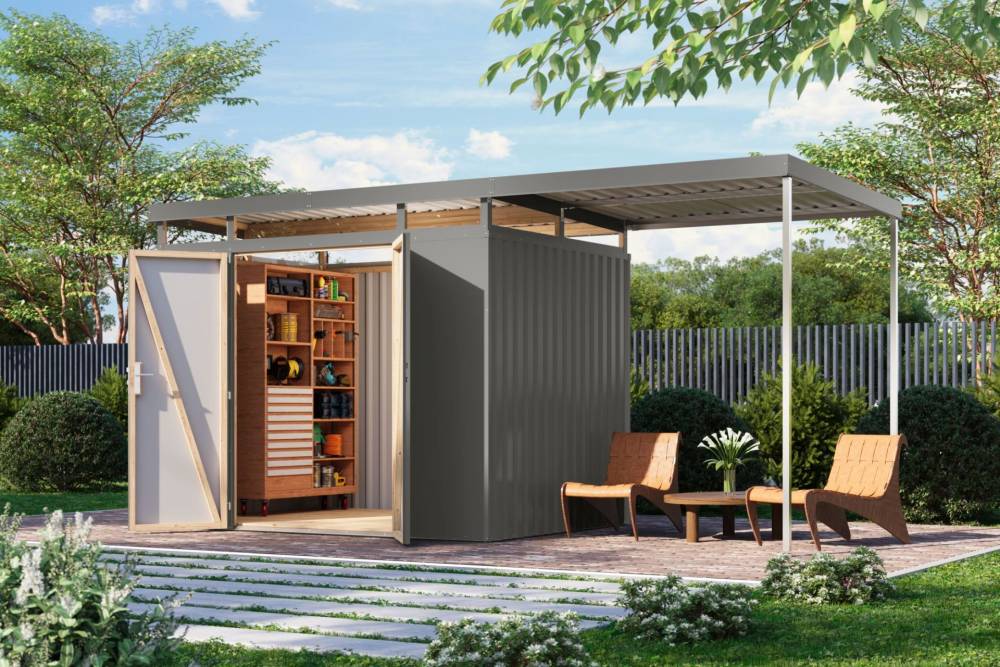 Obrázek k výrobku 94984 - plechový domek KARIBU AURUM 3 + přístavek 200 cm (53682) šedý LG4842