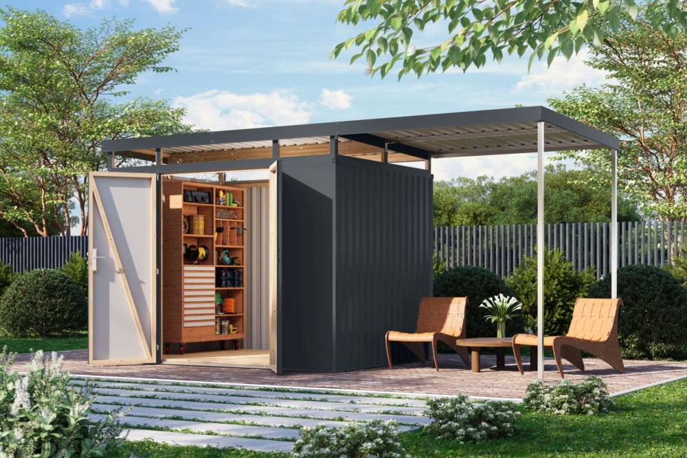 Obrázek k výrobku 94985 - plechový domek KARIBU AURUM 3 + přístavek 200 cm (53683) antracit LG4843