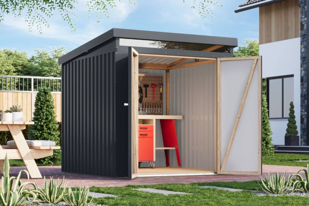 Obrázek k výrobku 94947 - plechový domek KARIBU IRIDIUM 2 (48395) antracit LG4803