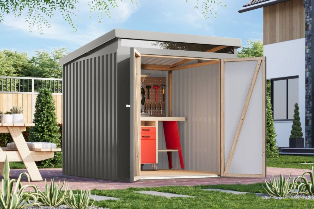 Obrázek k výrobku 94948 - plechový domek KARIBU IRIDIUM 2 (48398) šedý LG4804