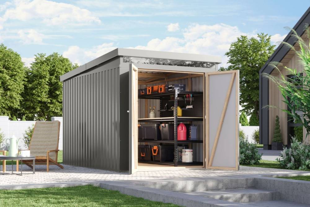 Obrázek k výrobku 94952 - plechový domek KARIBU IRIDIUM 2,5 (48449) šedý LG4808