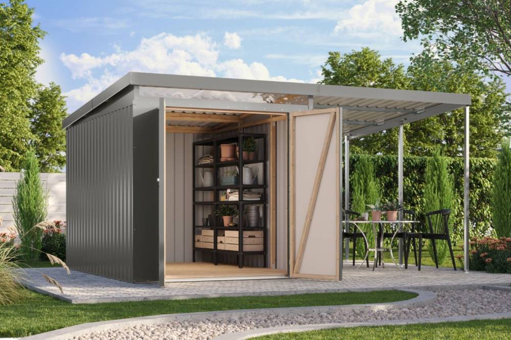 Obrázek k výrobku 94958 - plechový domek KARIBU IRIDIUM 2,5+ přístavek 200 cm (48452) šedý LG4814