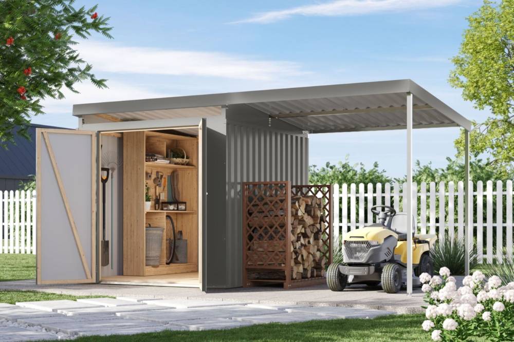 Obrázek k výrobku 94949 - plechový domek KARIBU IRIDIUM 2 + přístavek 200 cm (48468) šedý LG4805