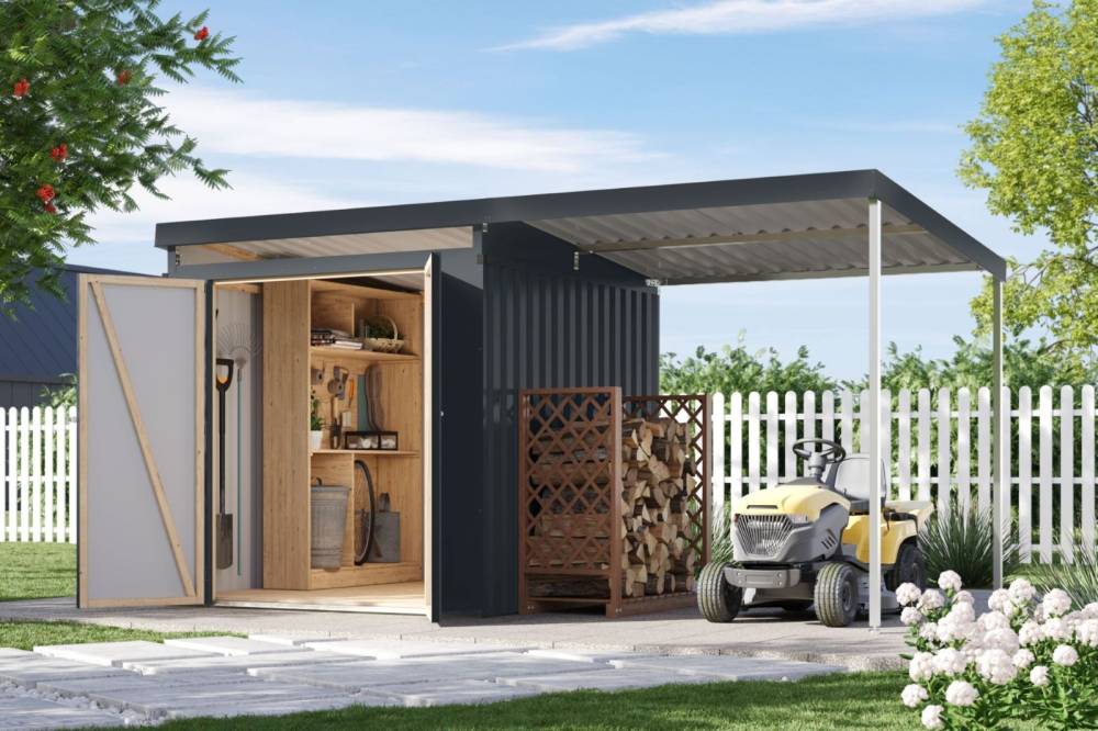 Obrázek k výrobku 94950 - plechový domek KARIBU IRIDIUM 2 + přístavek 200 cm (48471) antracit LG4806