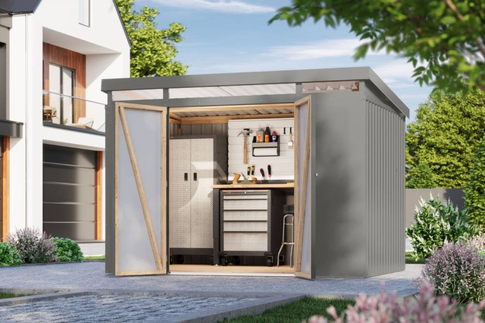 Obrázek k výrobku 94956 - plechový domek KARIBU IRIDIUM 3 (48454) šedý LG4812