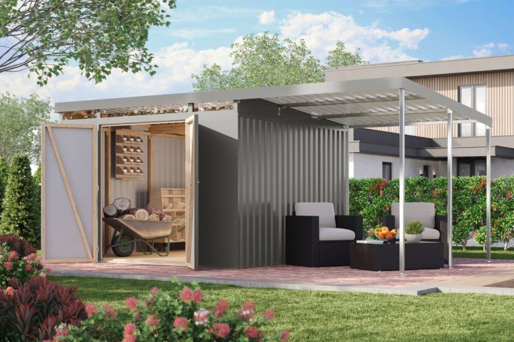 Obrázek k výrobku 94962 - plechový domek KARIBU IRIDIUM 3,5 + přístavek 200 cm (48498) šedý LG4818