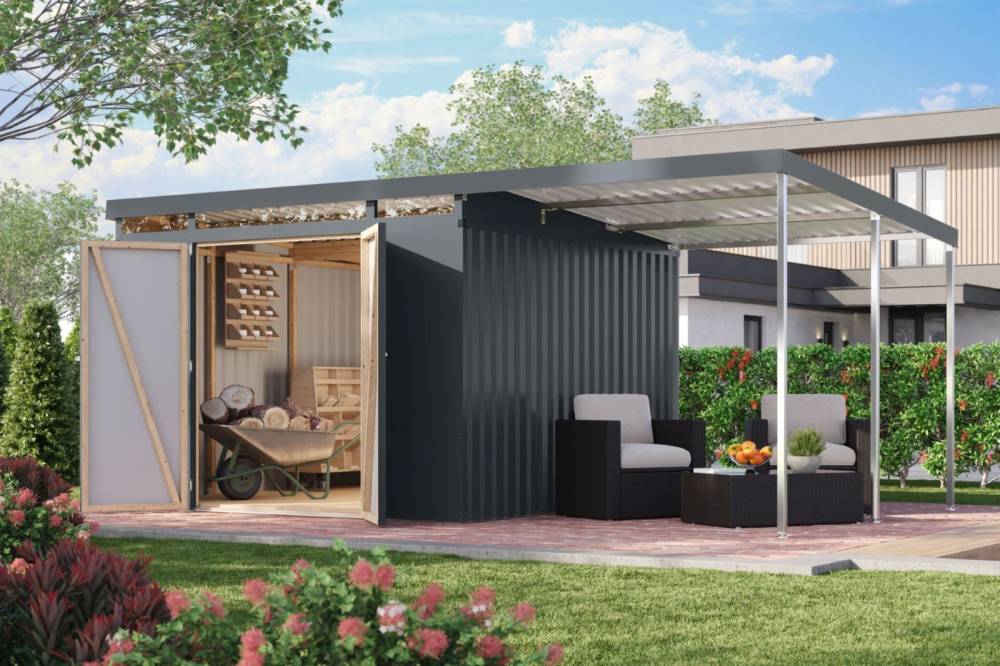 Obrázek k výrobku 94961 - plechový domek KARIBU IRIDIUM 3,5 + přístavek 200 cm (48499) antracit LG4817