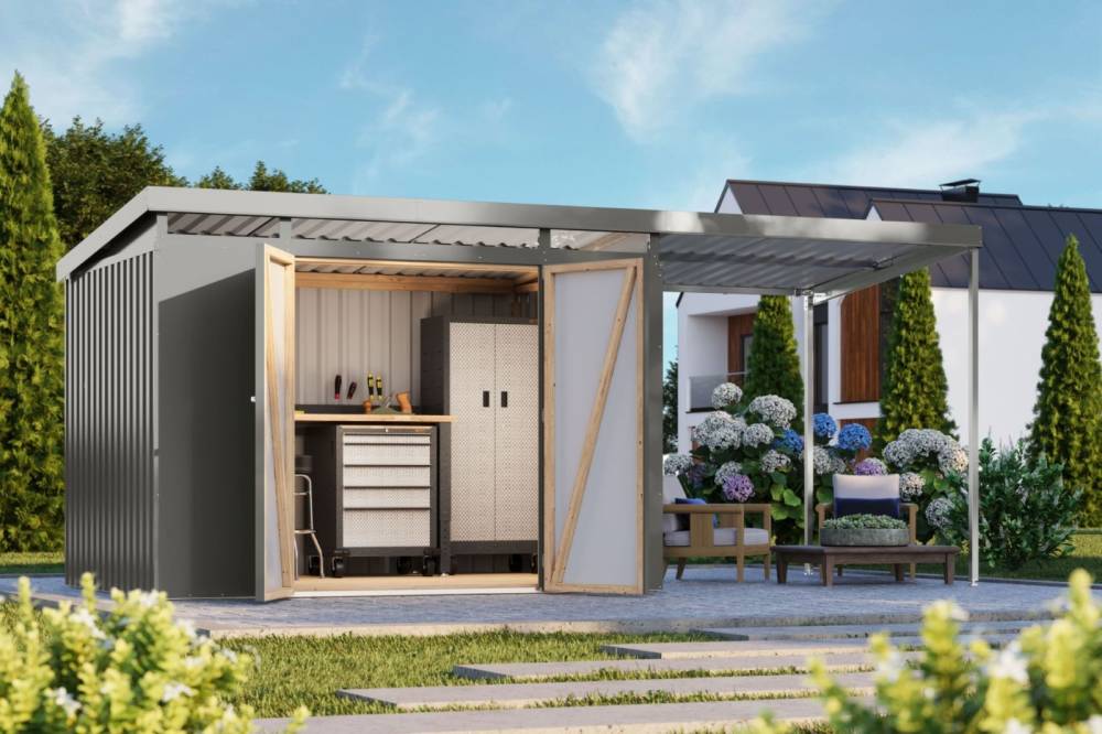 Obrázek k výrobku 94954 - plechový domek KARIBU IRIDIUM 3 + přístavek 200 cm (48454) šedý LG4810