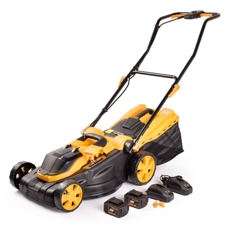 Obrázek k výrobku 62437 - Riwall PRO RALM 3820 set akumulátorová travní sekačka + 2x 4Ah baterie + 2x nabíječka 20 V