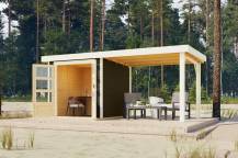 Obrázek k výrobku 53500 - dřevěný domek KARIBU ASKOLA 2 + přístavek 280 cm (82907) tm. šedý