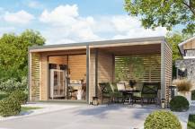 Obrázek k výrobku 94970 - hybridní domek KARIBU SATURN (50560) natur / šedý + 253 cm přístavek včetně zadní a boční stěny  LG4825