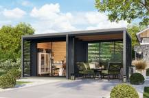 Obrázek k výrobku 94964 - hybridní domek KARIBU SATURN (50568) antracit / šedý + 253 cm přístavek včetně zadní a boční stěny LG4828