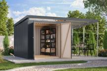 Obrázek k výrobku 94953 - plechový domek KARIBU IRIDIUM 2,5+ přístavek 200 cm (48487) antracit LG4809