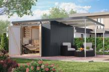 Obrázek k výrobku 94961 - plechový domek KARIBU IRIDIUM 3,5 + přístavek 200 cm (48499) antracit LG4817