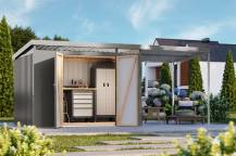 Obrázek k výrobku 94954 - plechový domek KARIBU IRIDIUM 3 + přístavek 200 cm (48454) šedý LG4810