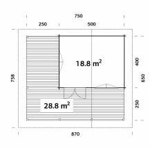 Obrázek k výrobku 39377 - Zahradní chata AGNETA 18,8 + 28,8 m2  750 x 650 cm tl. 70 mm