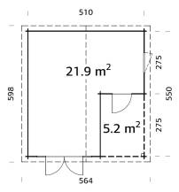 Obrázek k výrobku 23834 - Zahradní domek Irene 21,9 + 5,2 m2 (530x570 cm) tl.44 mm